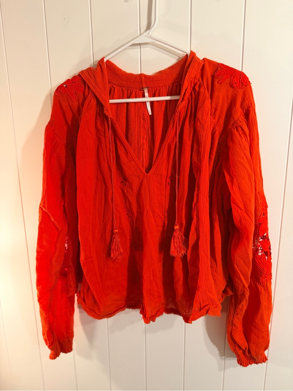 Free People Burnt Orange Embroidered Hooded Boho Peasant Top | Size L